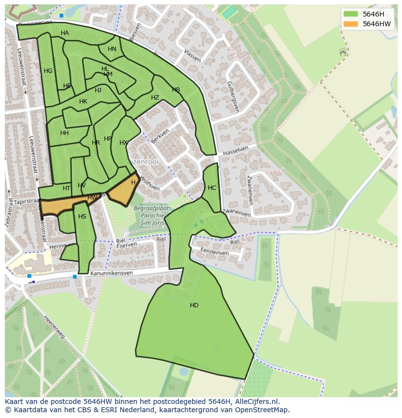 Afbeelding van het postcodegebied 5646 HW op de kaart.