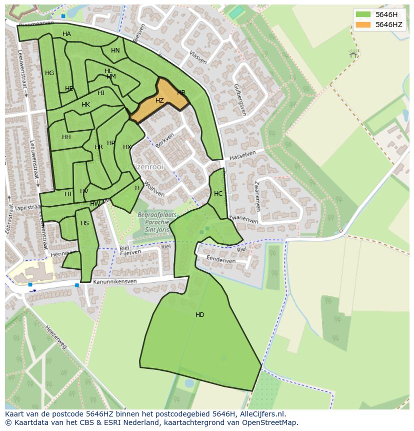 Afbeelding van het postcodegebied 5646 HZ op de kaart.