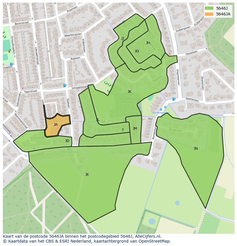 Afbeelding van het postcodegebied 5646 JA op de kaart.