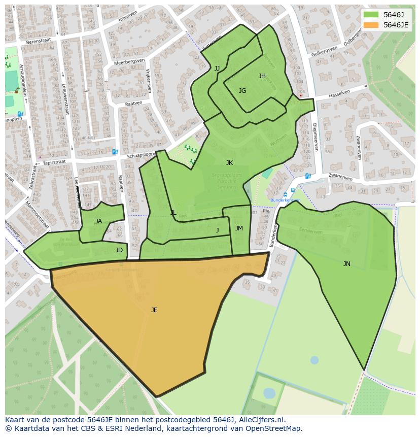 Afbeelding van het postcodegebied 5646 JE op de kaart.