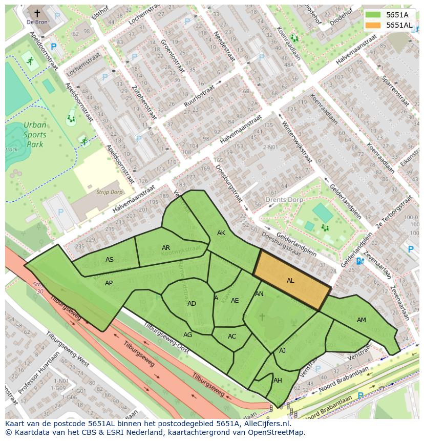Afbeelding van het postcodegebied 5651 AL op de kaart.