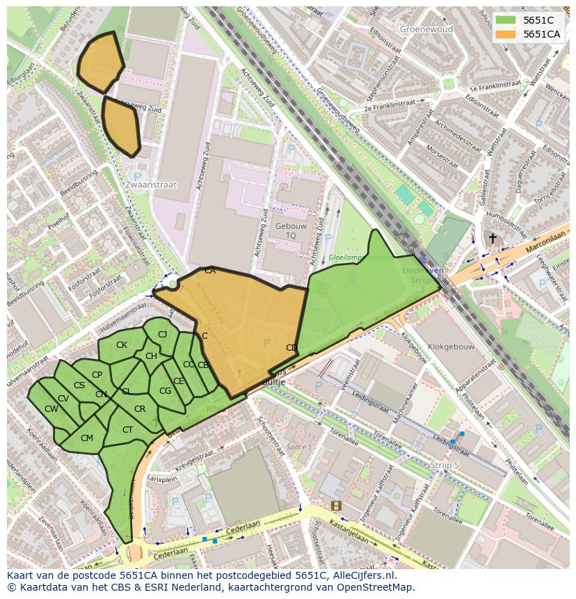 Afbeelding van het postcodegebied 5651 CA op de kaart.