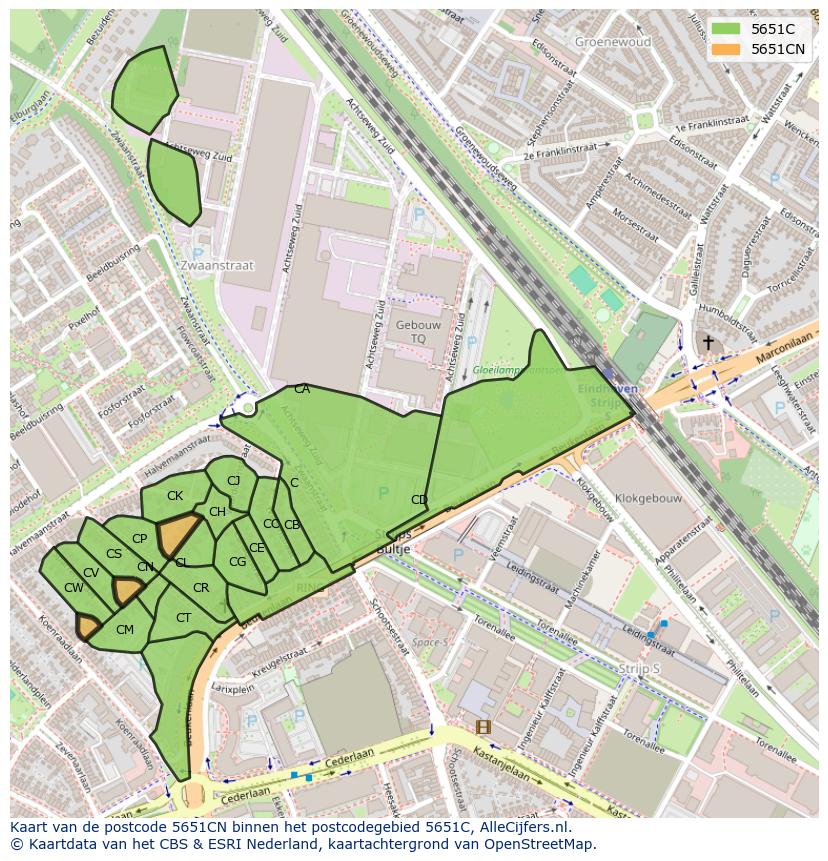 Afbeelding van het postcodegebied 5651 CN op de kaart.