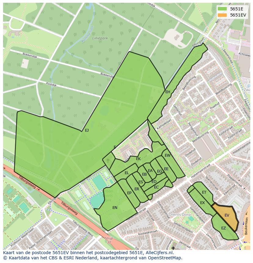 Afbeelding van het postcodegebied 5651 EV op de kaart.