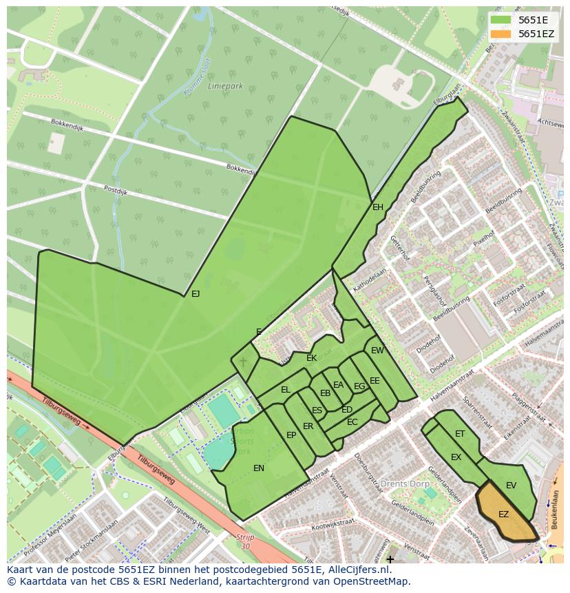 Afbeelding van het postcodegebied 5651 EZ op de kaart.