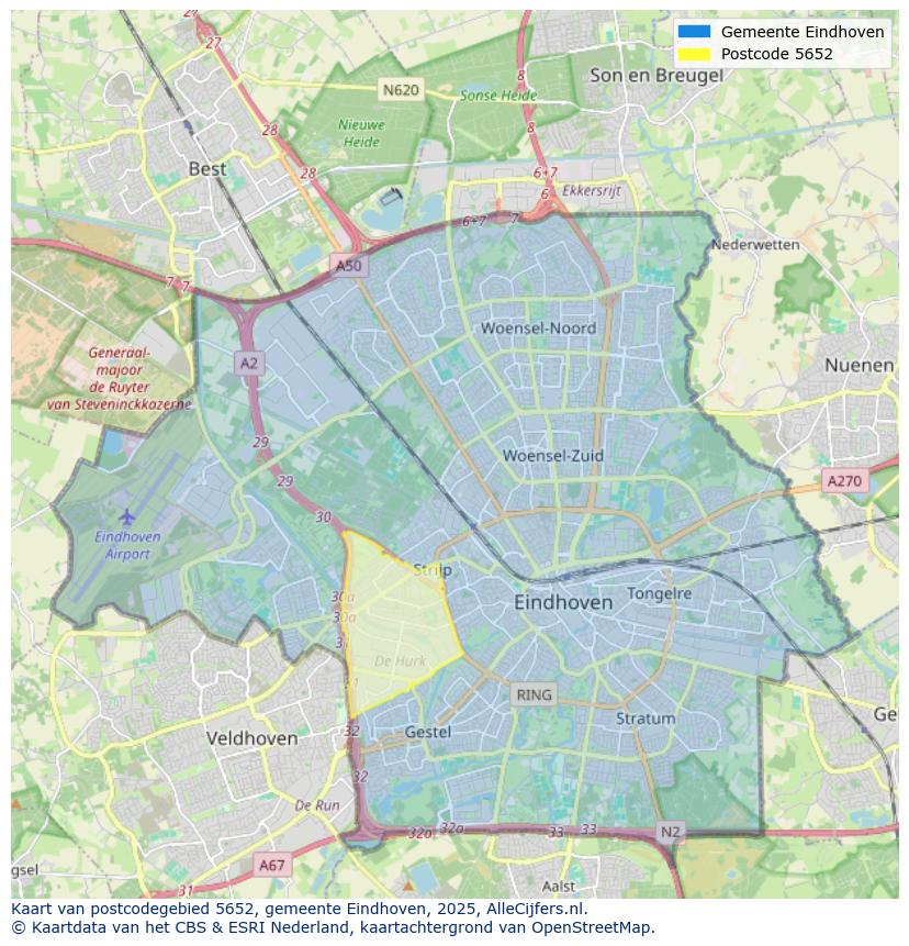 Afbeelding van het postcodegebied 5652 op de kaart.