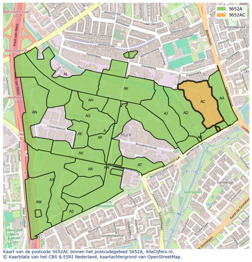 Afbeelding van het postcodegebied 5652 AC op de kaart.