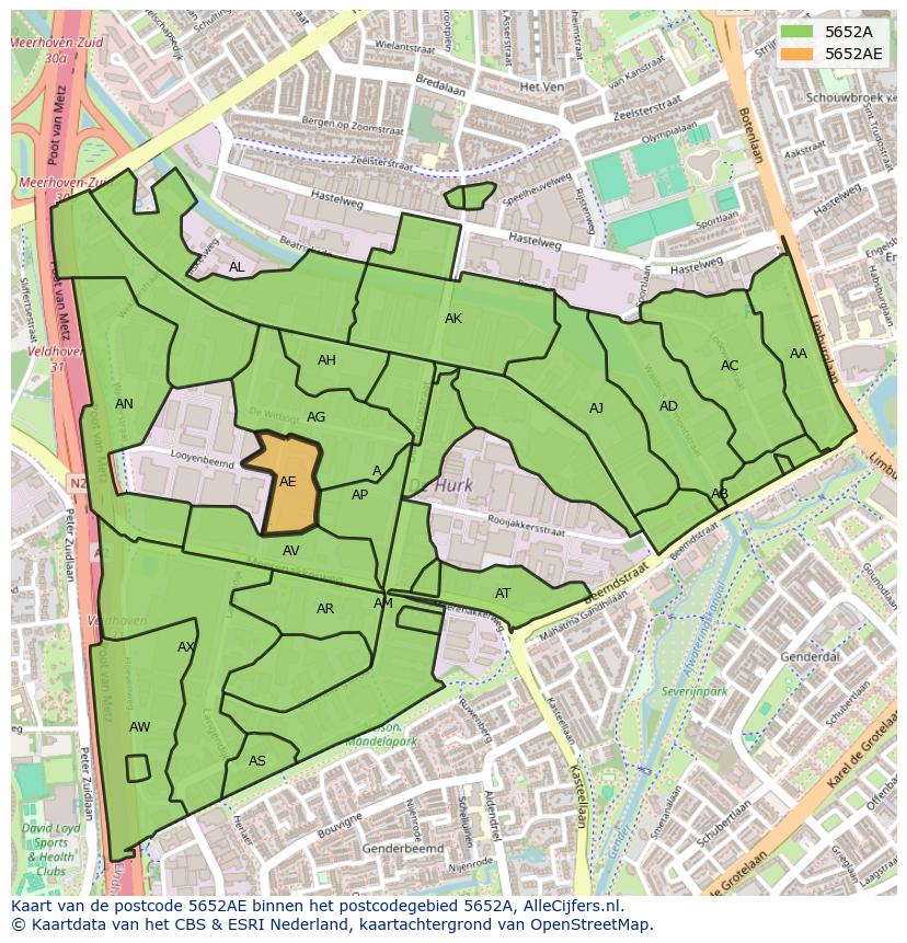Afbeelding van het postcodegebied 5652 AE op de kaart.