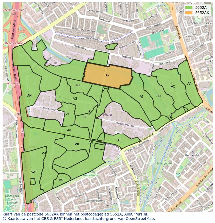 Afbeelding van het postcodegebied 5652 AK op de kaart.