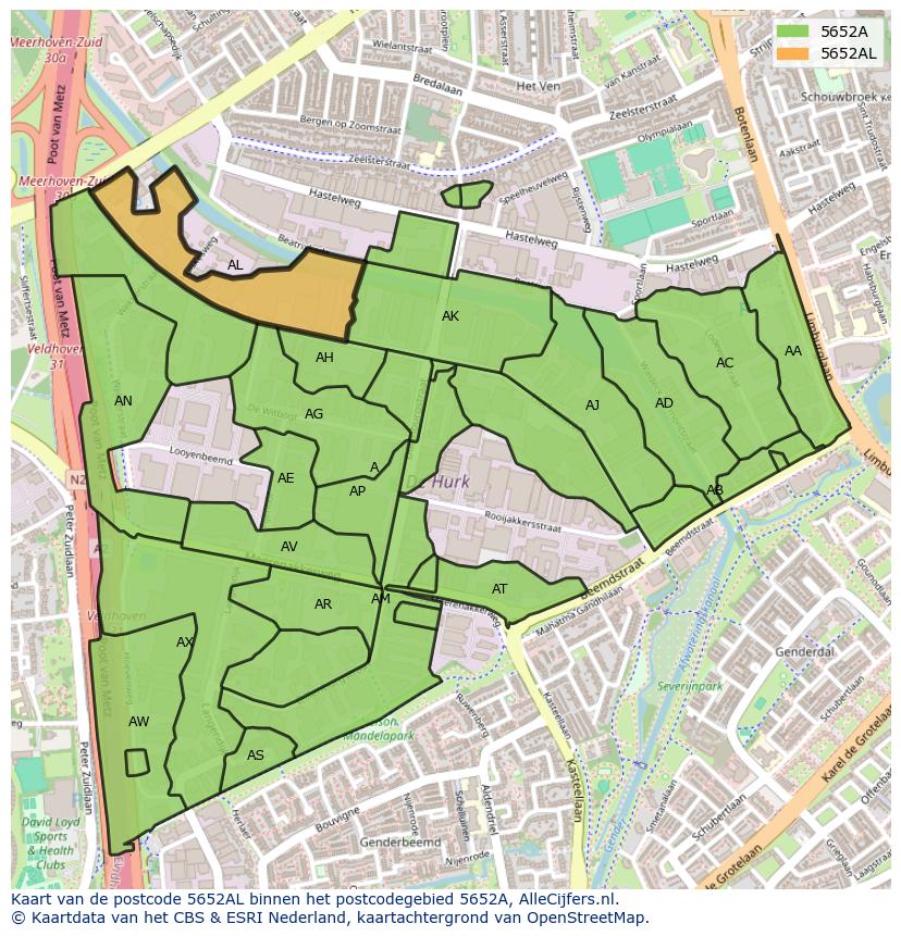 Afbeelding van het postcodegebied 5652 AL op de kaart.