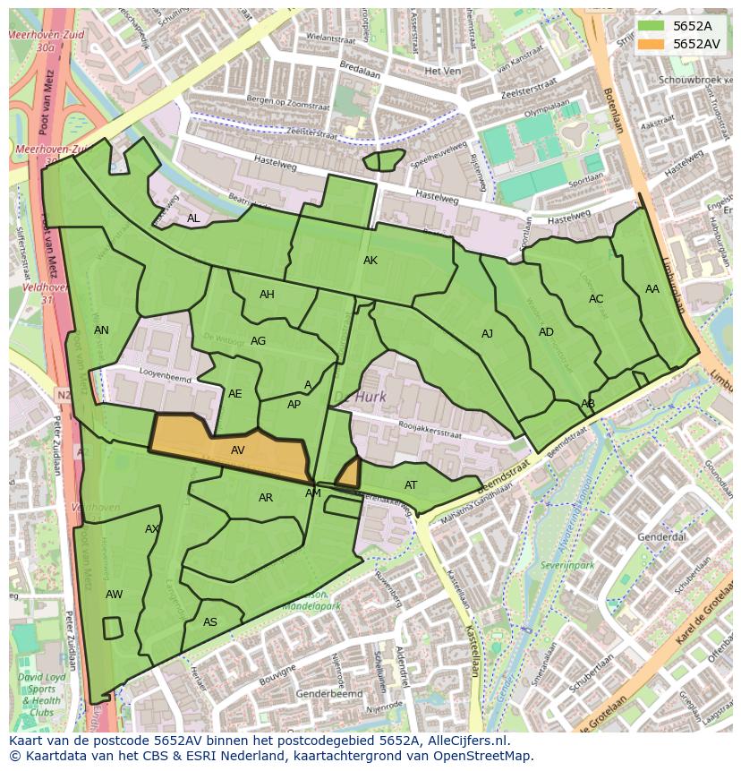Afbeelding van het postcodegebied 5652 AV op de kaart.