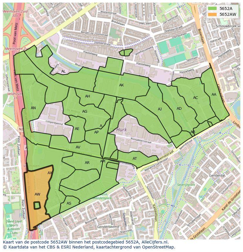 Afbeelding van het postcodegebied 5652 AW op de kaart.