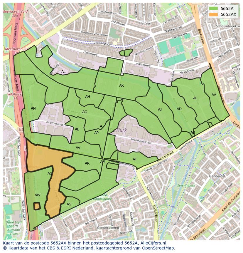 Afbeelding van het postcodegebied 5652 AX op de kaart.