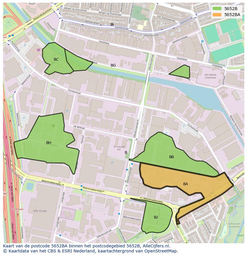 Afbeelding van het postcodegebied 5652 BA op de kaart.