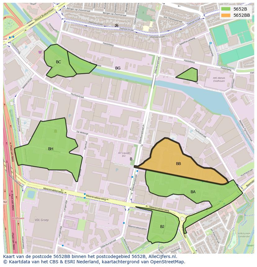 Afbeelding van het postcodegebied 5652 BB op de kaart.