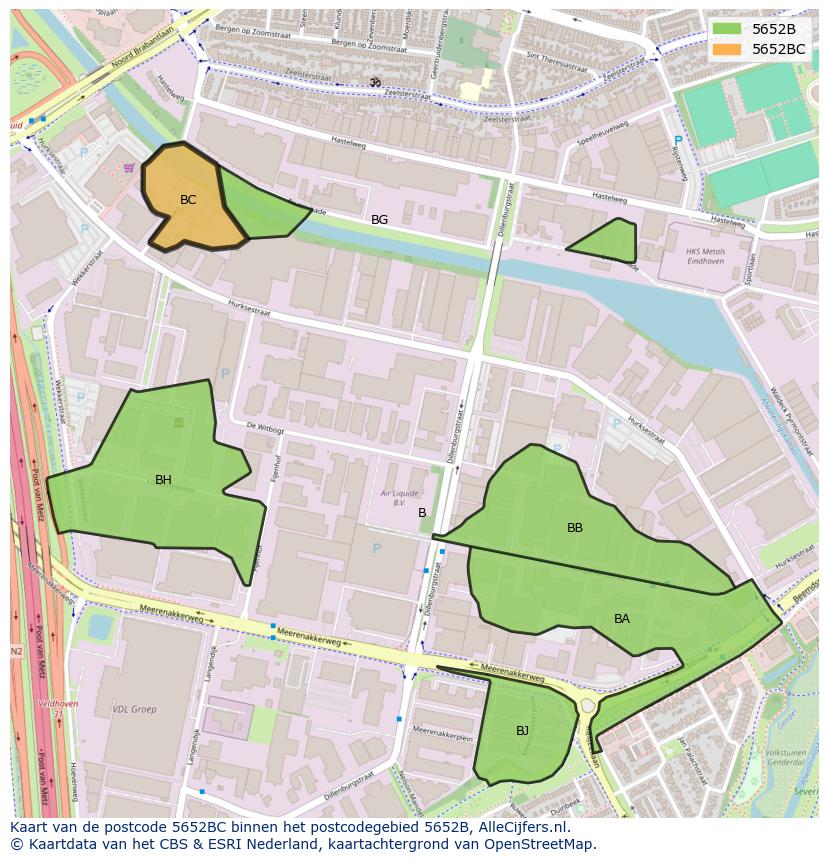 Afbeelding van het postcodegebied 5652 BC op de kaart.