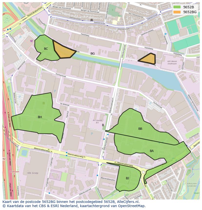Afbeelding van het postcodegebied 5652 BG op de kaart.