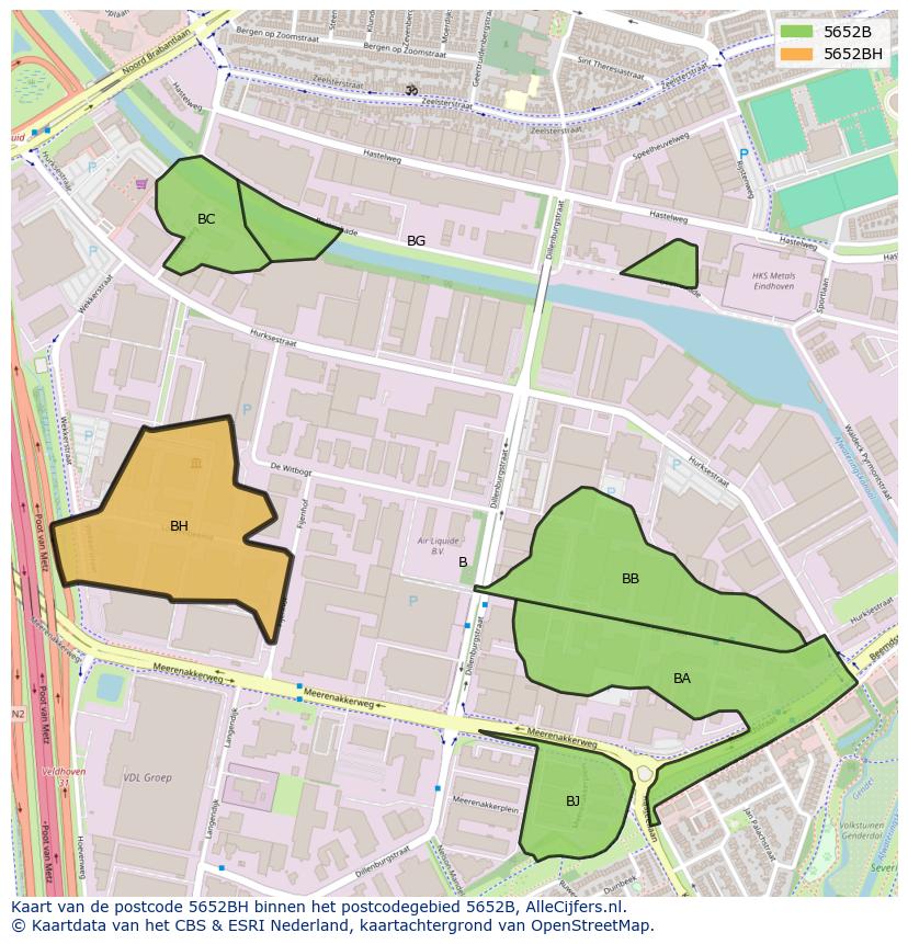 Afbeelding van het postcodegebied 5652 BH op de kaart.