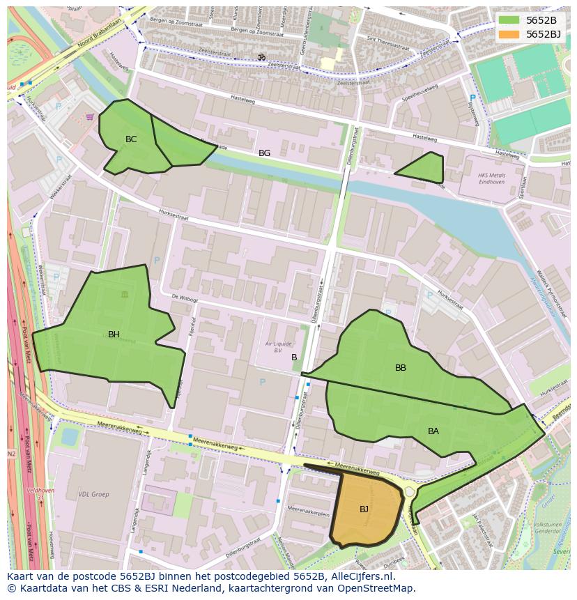 Afbeelding van het postcodegebied 5652 BJ op de kaart.