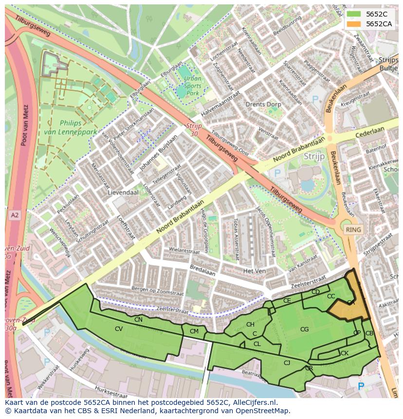 Afbeelding van het postcodegebied 5652 CA op de kaart.