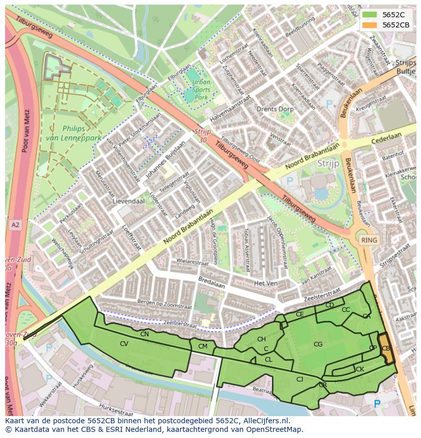 Afbeelding van het postcodegebied 5652 CB op de kaart.