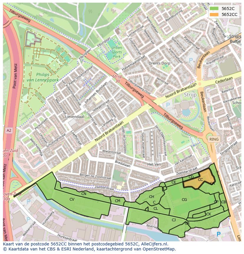Afbeelding van het postcodegebied 5652 CC op de kaart.