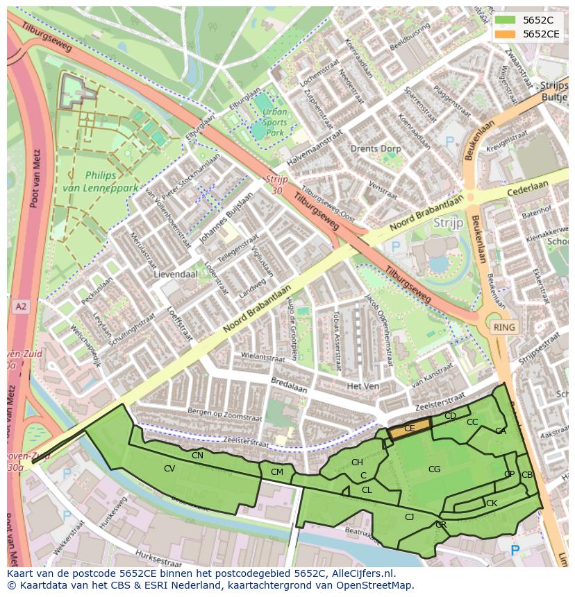 Afbeelding van het postcodegebied 5652 CE op de kaart.