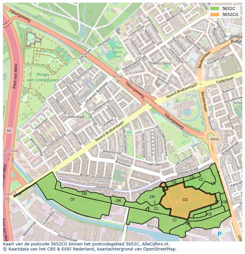 Afbeelding van het postcodegebied 5652 CG op de kaart.