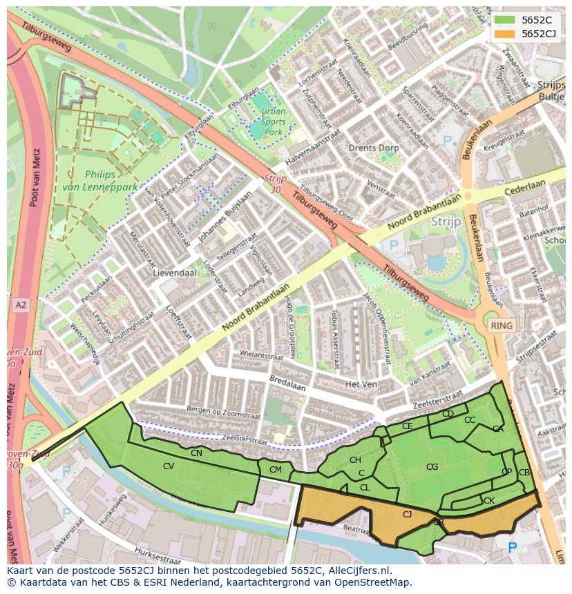 Afbeelding van het postcodegebied 5652 CJ op de kaart.