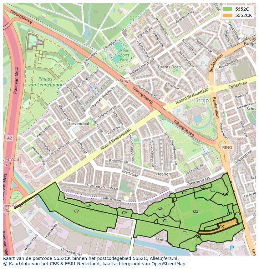 Afbeelding van het postcodegebied 5652 CK op de kaart.