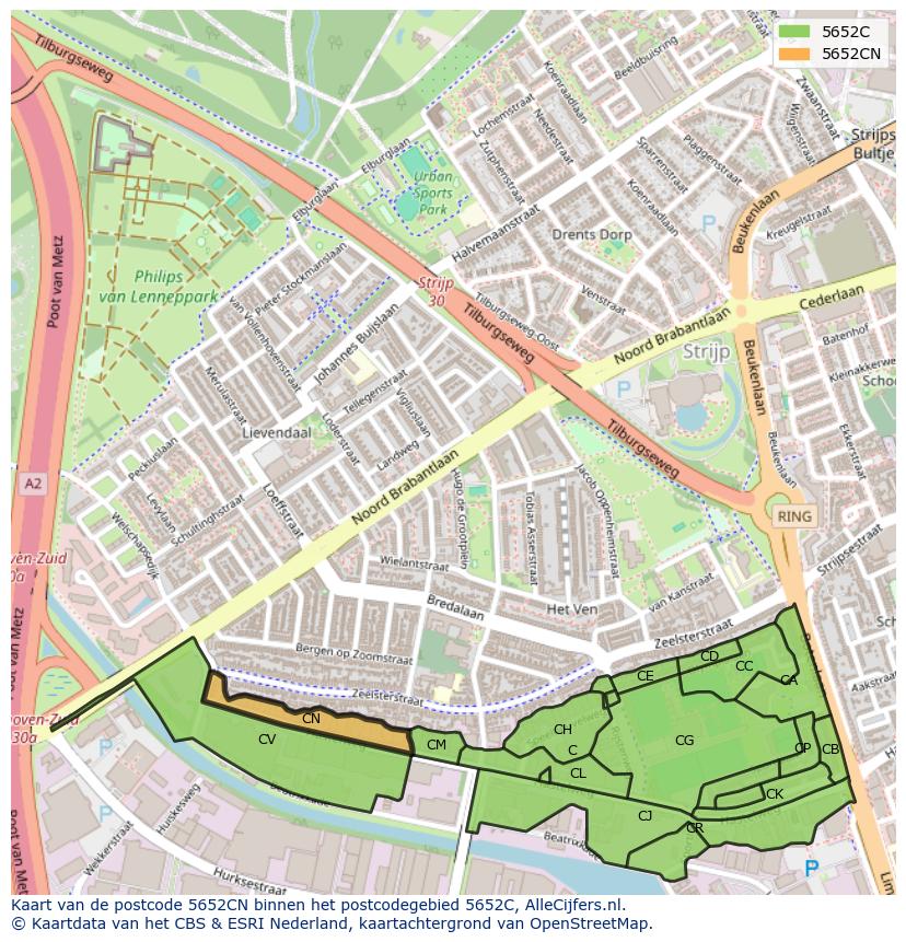 Afbeelding van het postcodegebied 5652 CN op de kaart.