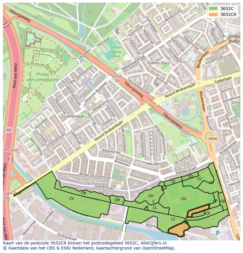 Afbeelding van het postcodegebied 5652 CR op de kaart.