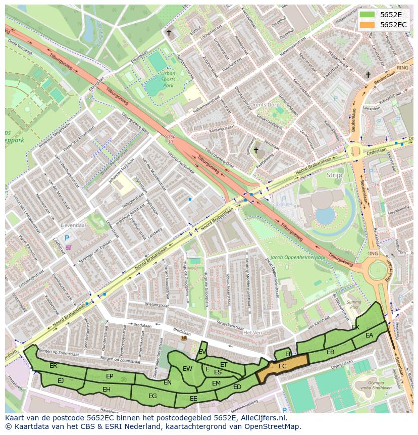 Afbeelding van het postcodegebied 5652 EC op de kaart.