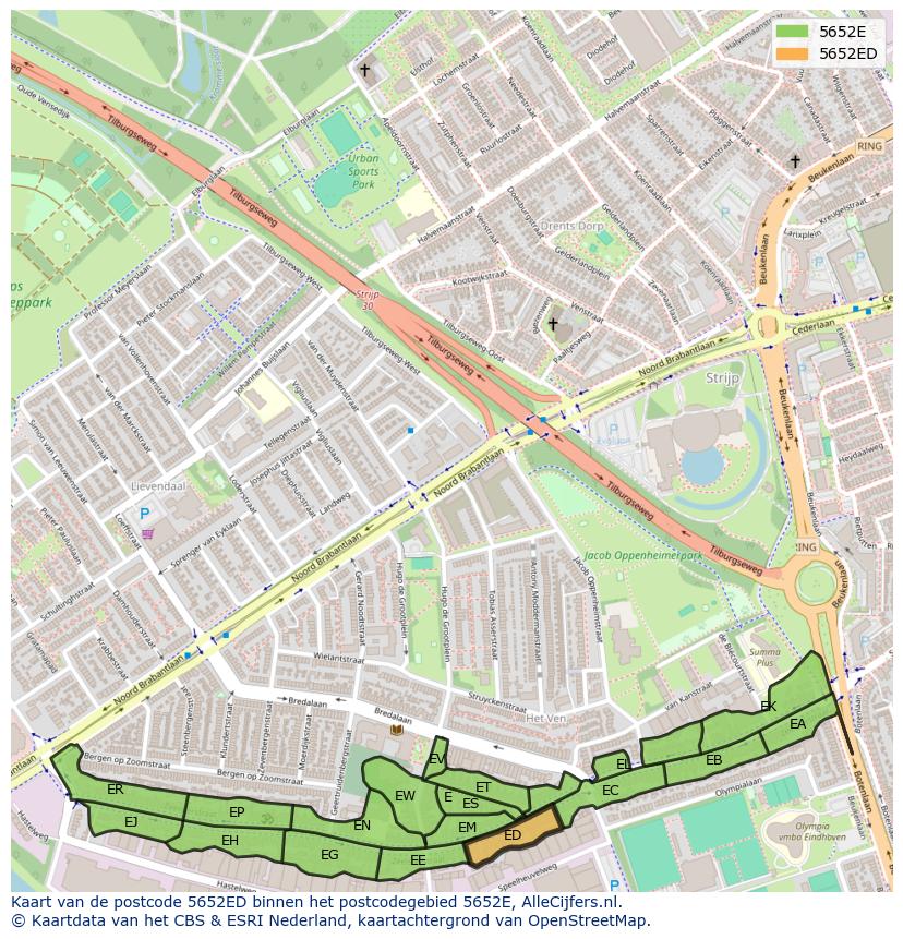 Afbeelding van het postcodegebied 5652 ED op de kaart.