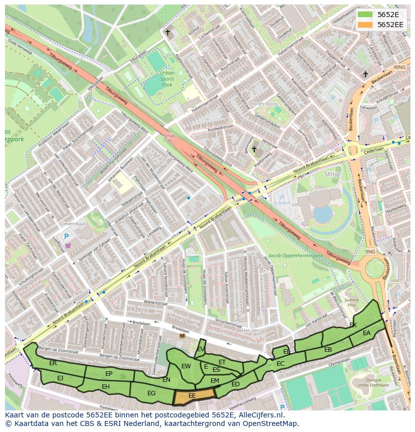 Afbeelding van het postcodegebied 5652 EE op de kaart.