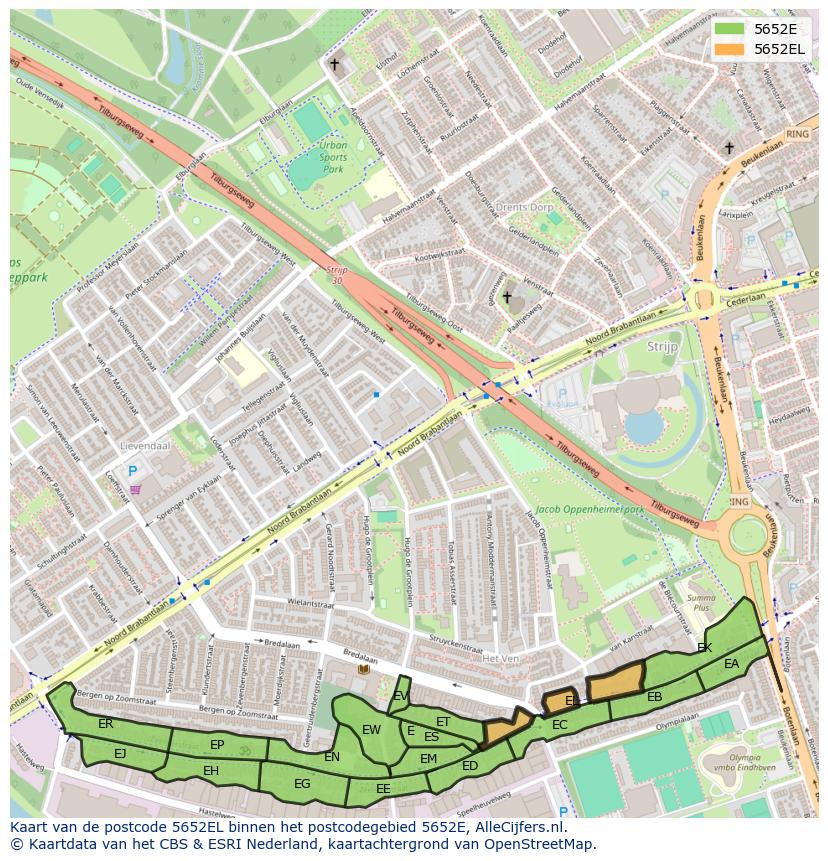 Afbeelding van het postcodegebied 5652 EL op de kaart.