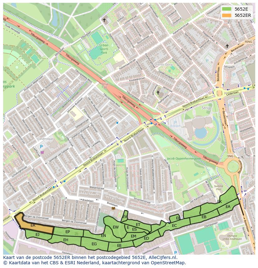 Afbeelding van het postcodegebied 5652 ER op de kaart.