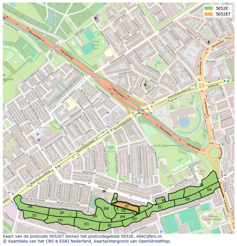 Afbeelding van het postcodegebied 5652 ET op de kaart.