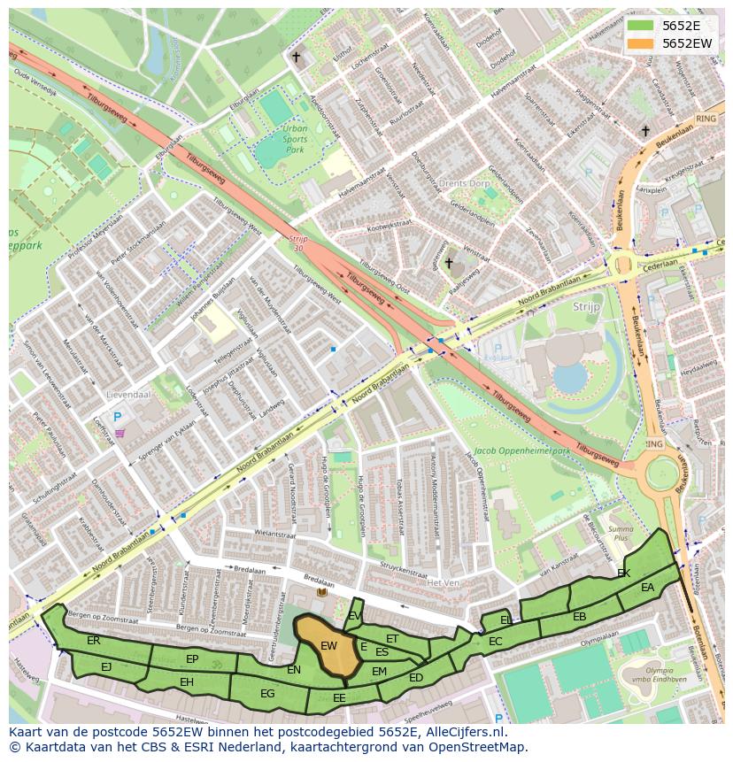 Afbeelding van het postcodegebied 5652 EW op de kaart.