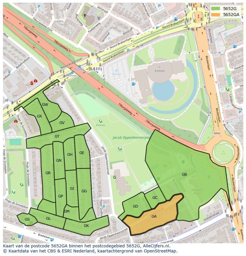 Afbeelding van het postcodegebied 5652 GA op de kaart.