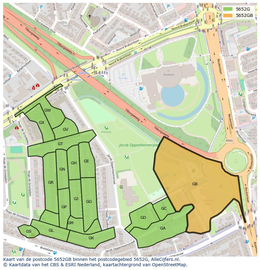 Afbeelding van het postcodegebied 5652 GB op de kaart.