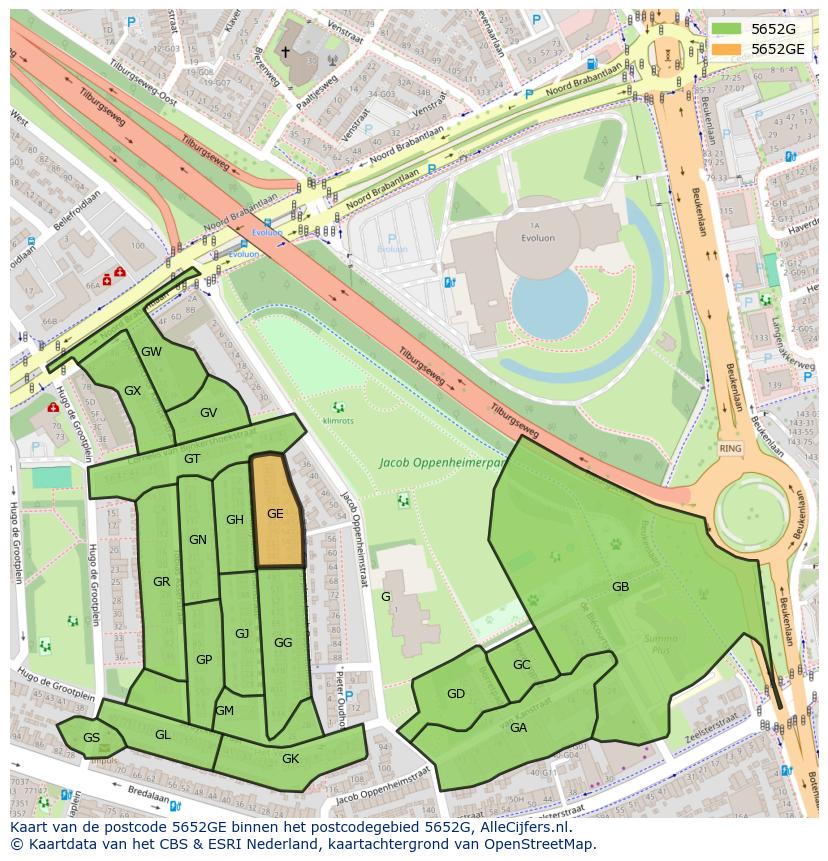Afbeelding van het postcodegebied 5652 GE op de kaart.