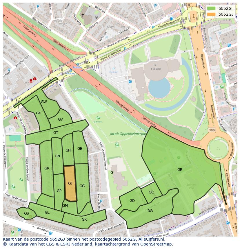 Afbeelding van het postcodegebied 5652 GJ op de kaart.