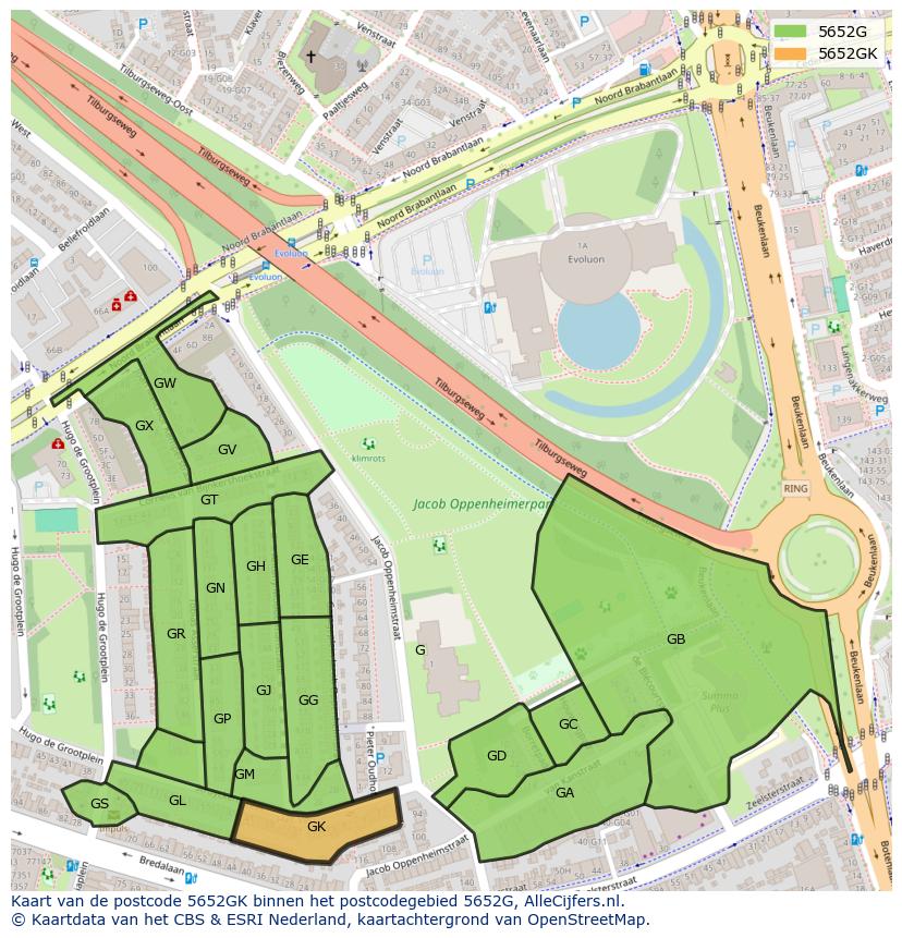 Afbeelding van het postcodegebied 5652 GK op de kaart.