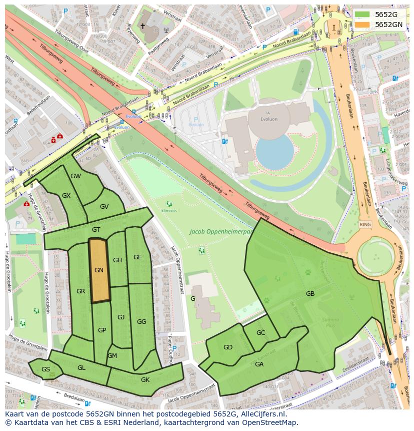 Afbeelding van het postcodegebied 5652 GN op de kaart.