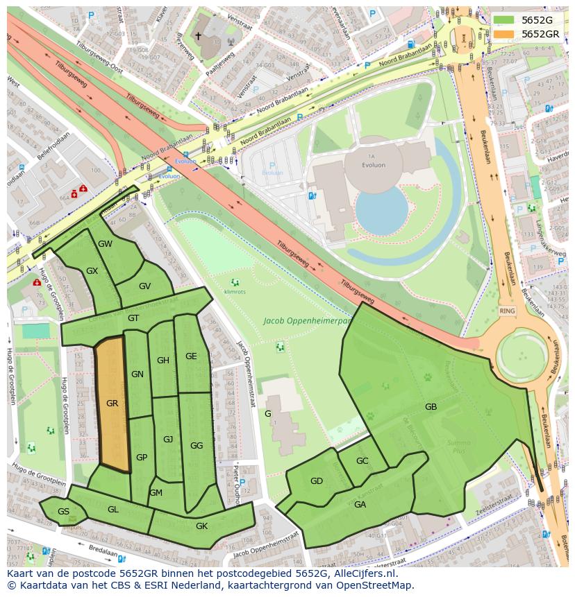 Afbeelding van het postcodegebied 5652 GR op de kaart.