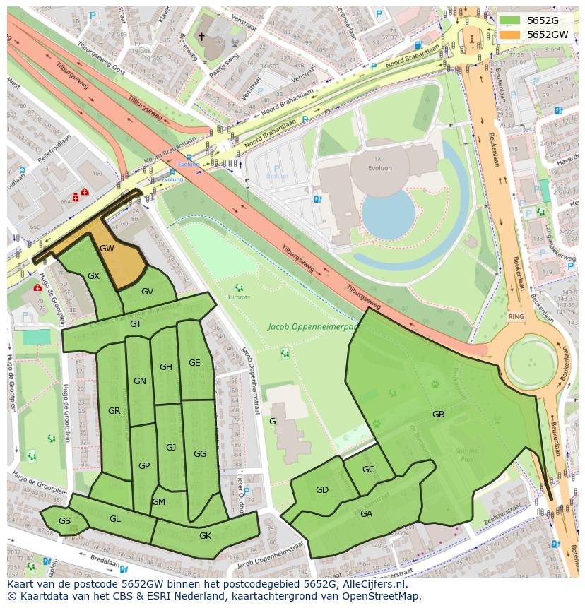 Afbeelding van het postcodegebied 5652 GW op de kaart.