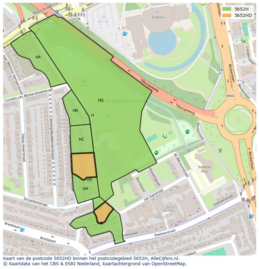Afbeelding van het postcodegebied 5652 HD op de kaart.