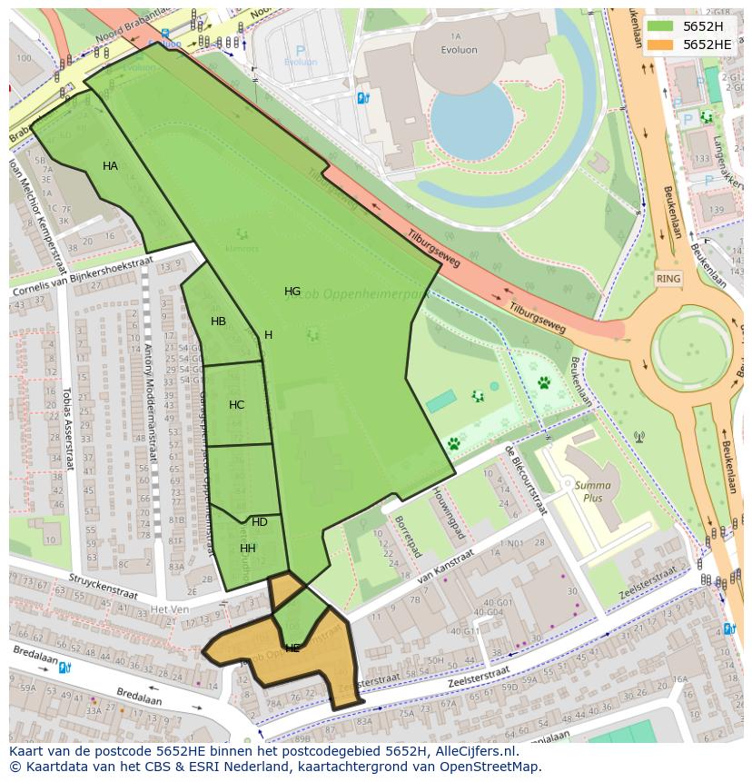Afbeelding van het postcodegebied 5652 HE op de kaart.