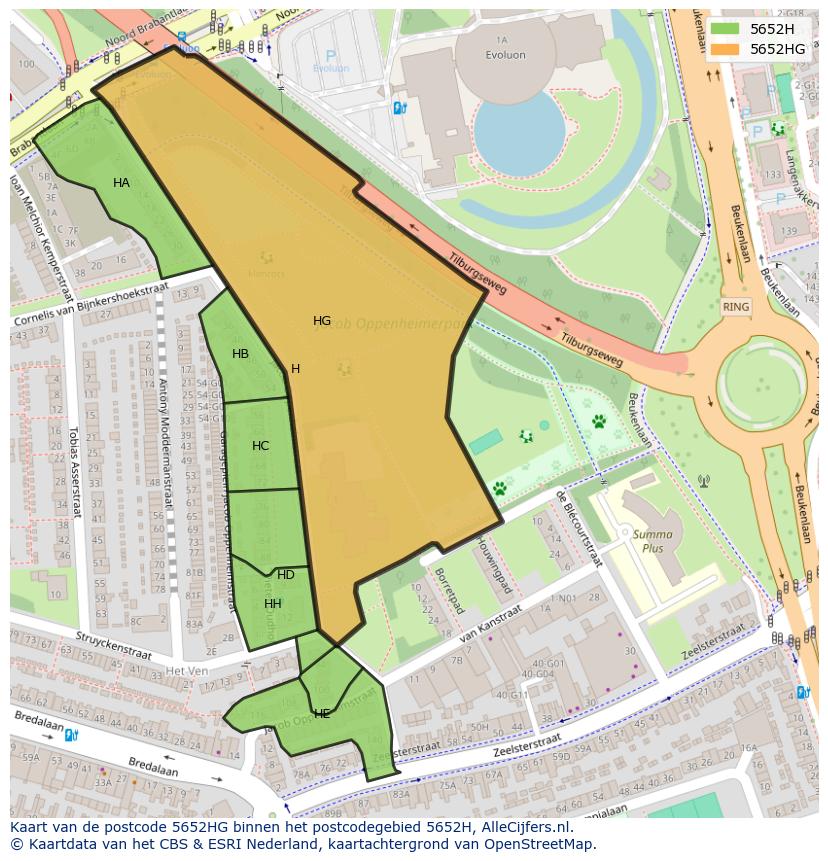 Afbeelding van het postcodegebied 5652 HG op de kaart.